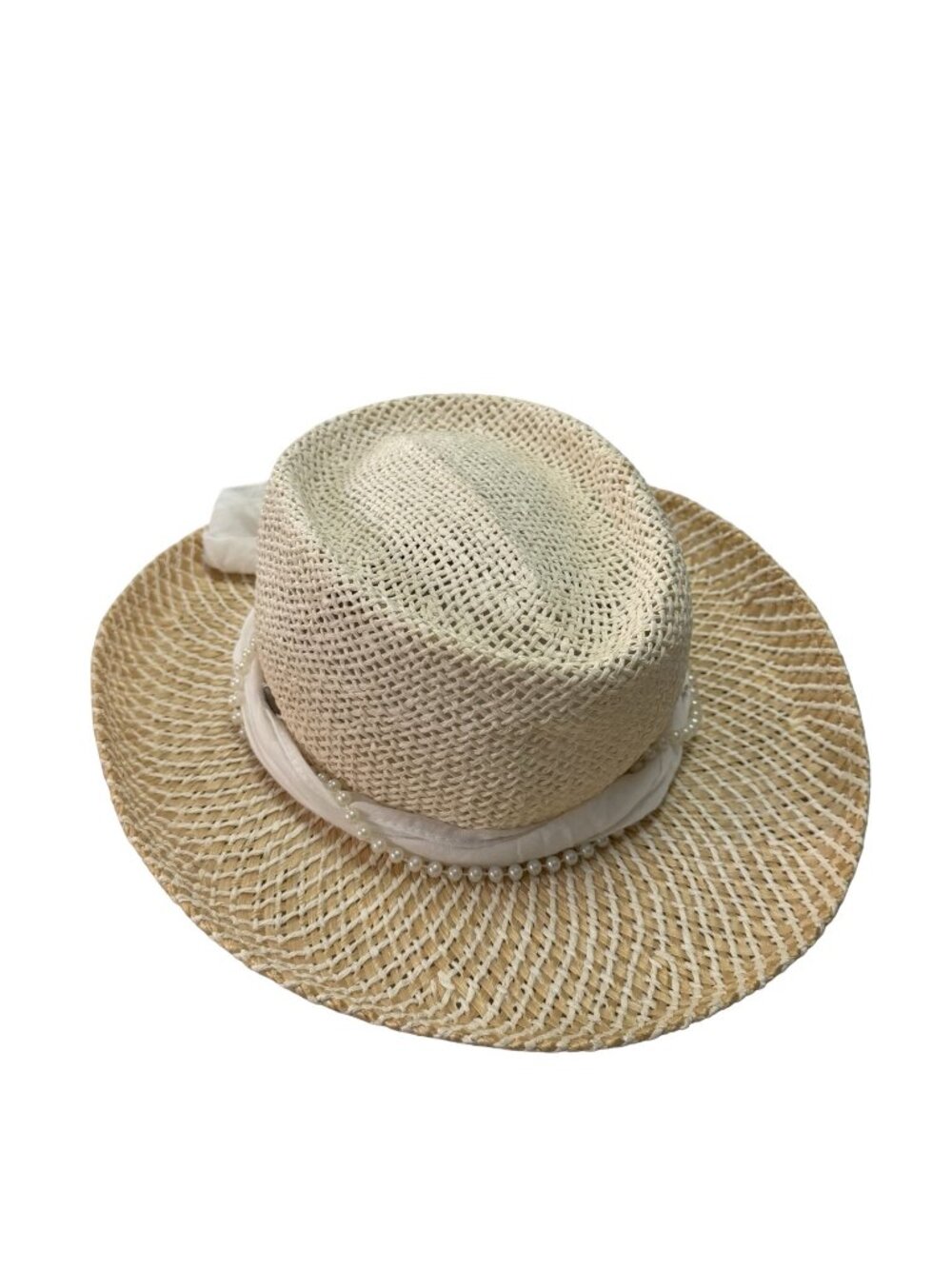 Scala Collezione Toyo Sisal Straw Sun Hat White Scarf Pearl Trim One Size